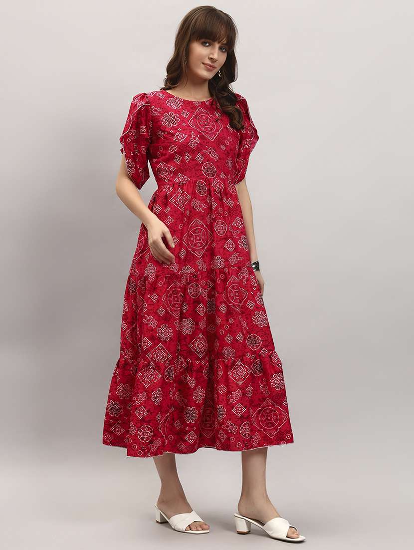 women bandhani print puff sleeve tiered dress