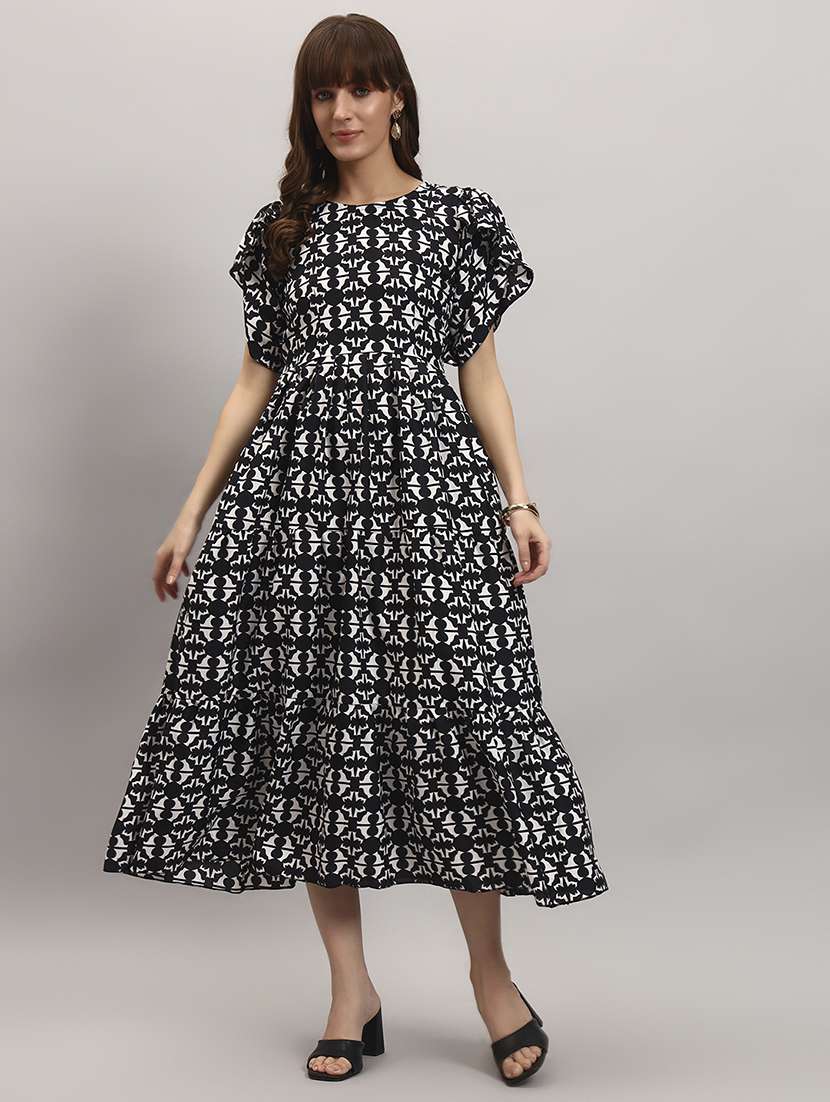 women printed tulip sleeves tiered dress