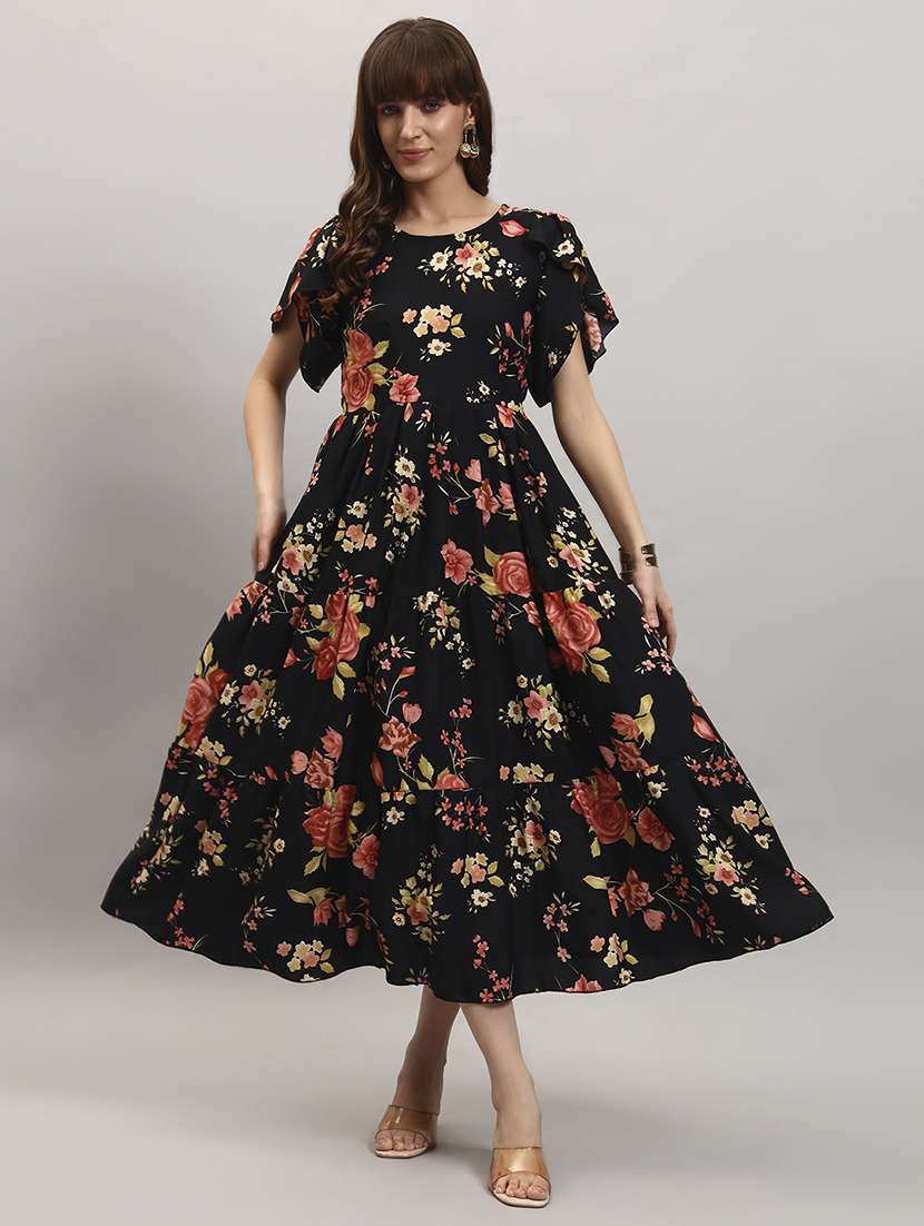 women floral tulip sleeve tiered dress