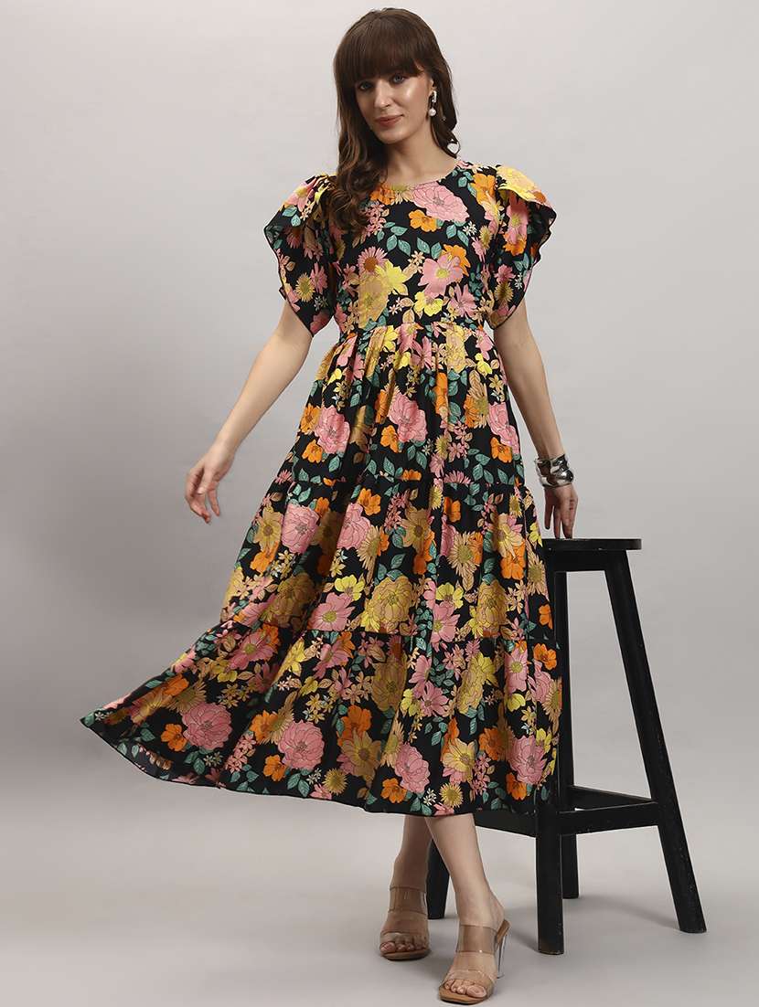 women floral print tulip sleeve tiered dress