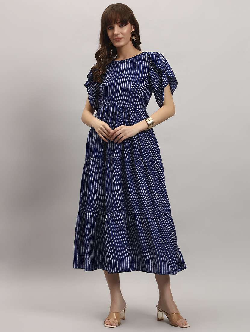 women striped tulip sleeve tiered dress