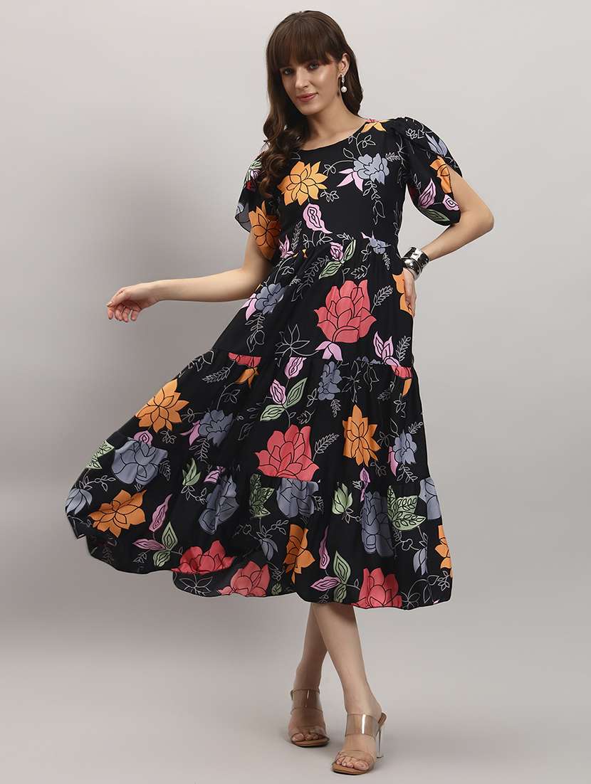 women floral tulip sleeve tiered dress