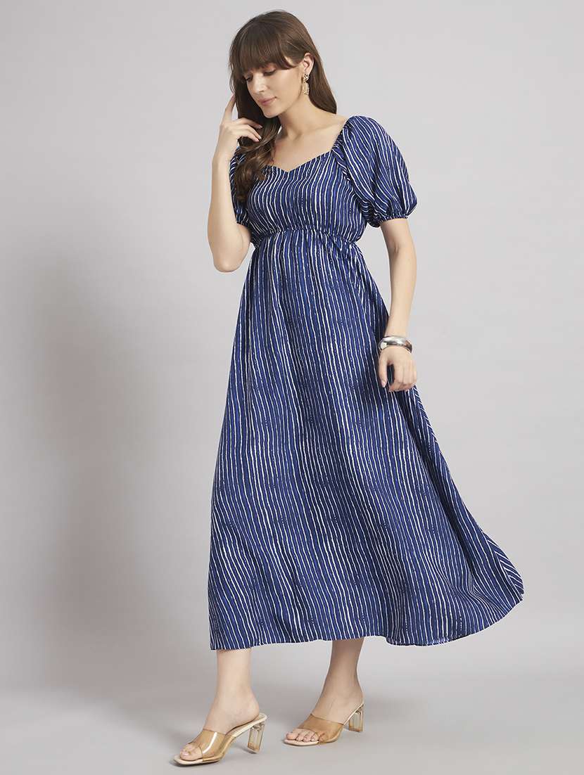 women striped puff sleeve a-line dress