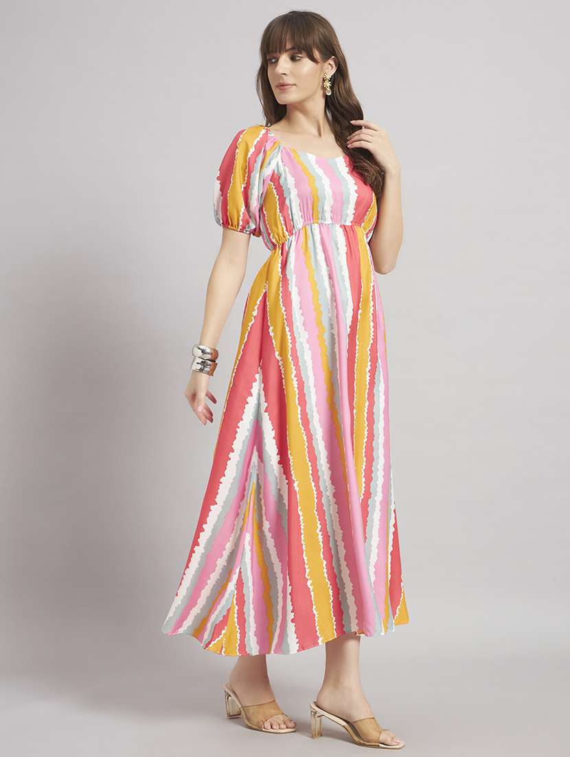 women printed puff sleeves a-line dress