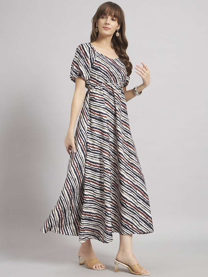 women printed puff sleeve a-line dress