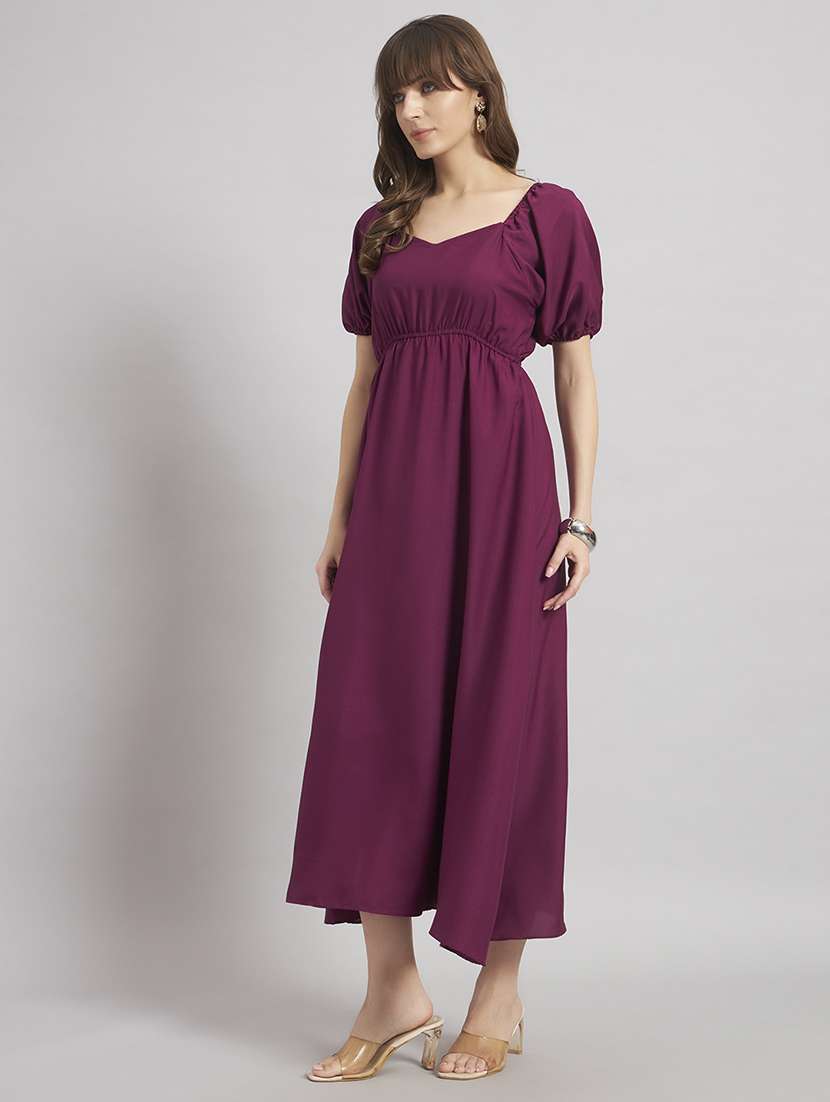 women solid puff sleeves a-line dress