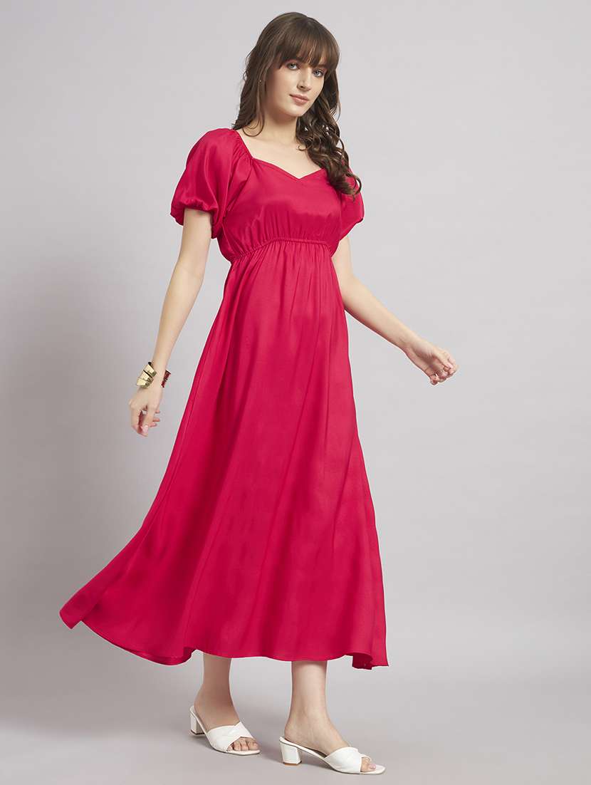 women solid puff sleeves a-line dress