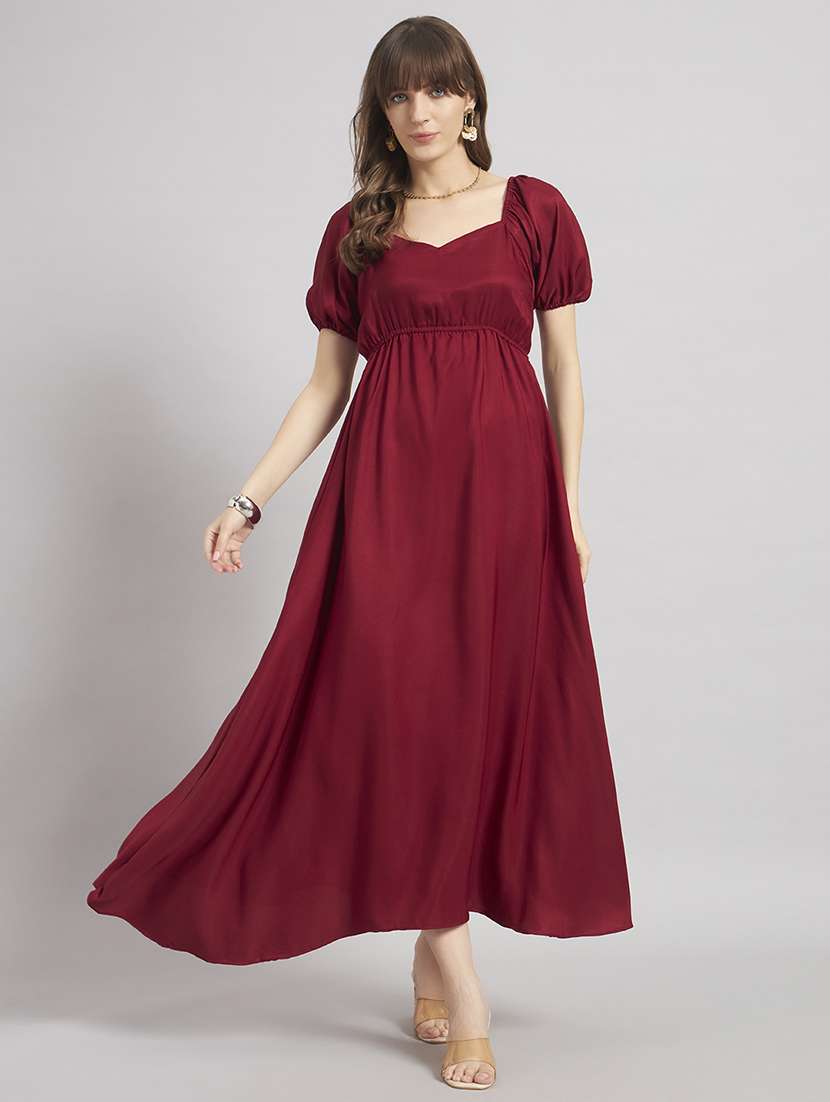 women solid puff sleeves a-line dress