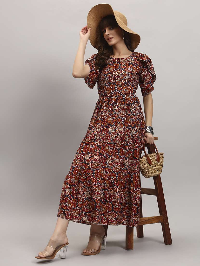 women printed tulip sleeves tiered dress