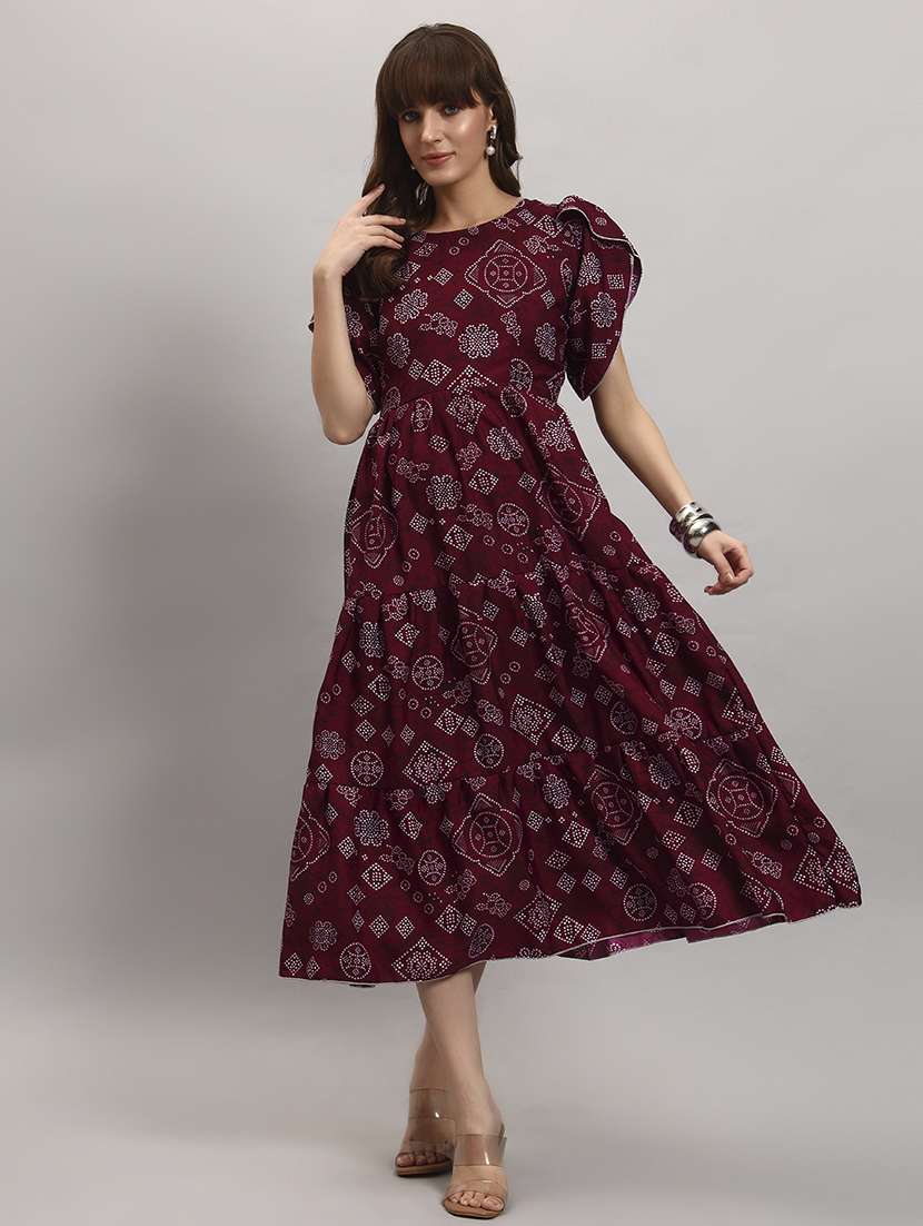 women printed tulip sleeve tiered dress