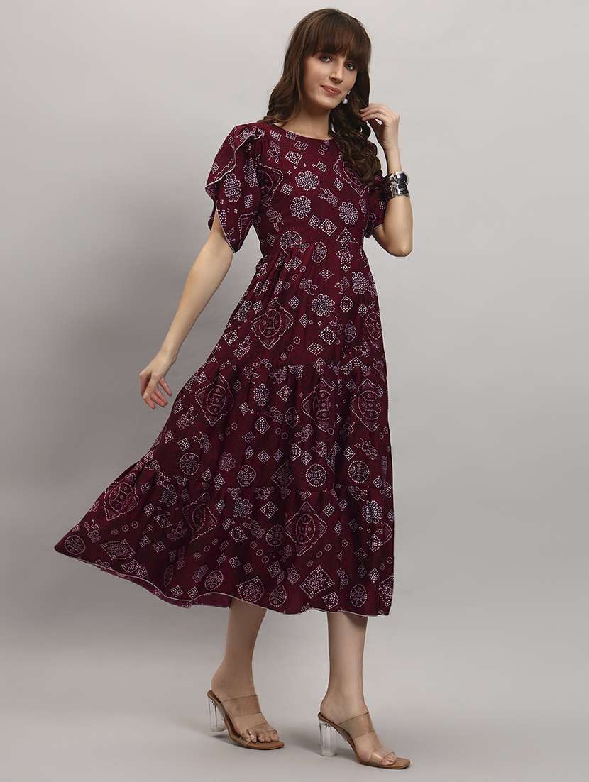 women bandhani print tulip sleeve tiered dress