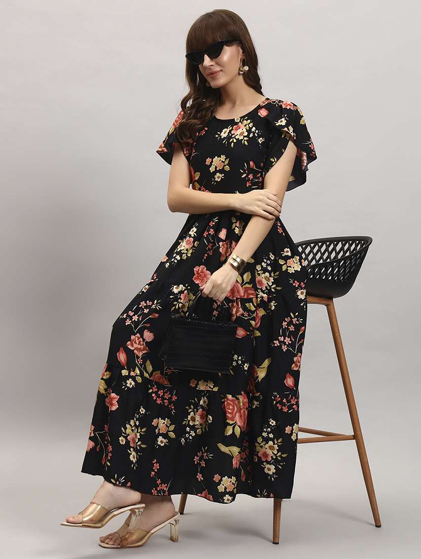 women tulip print puff sleeve tiered dress