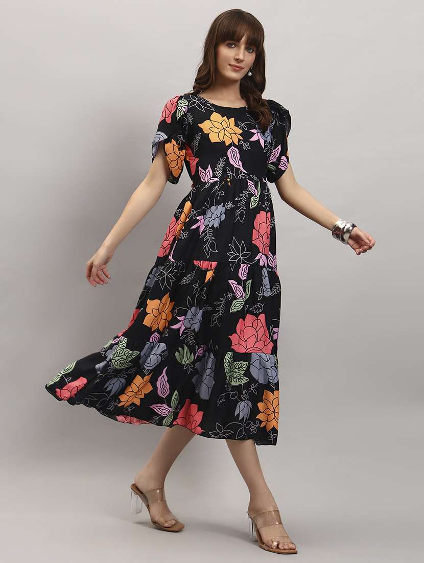 women floral print tulip sleeve tiered dress