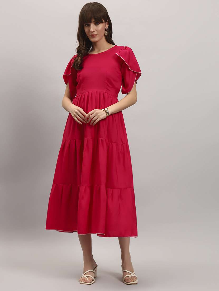 women solid tulip sleeve tiered dress