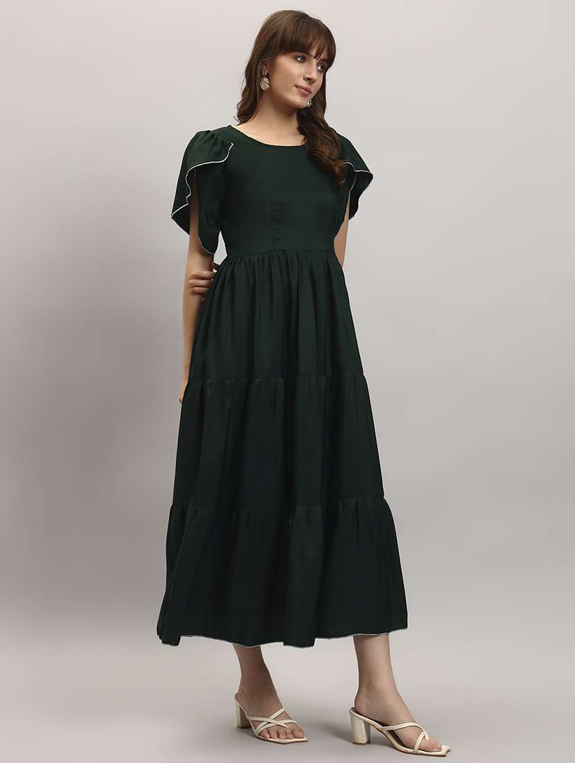 women solid tulip sleeve tiered dress
