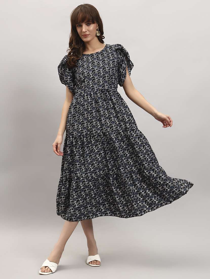 women printed tulip sleeve tiered dress
