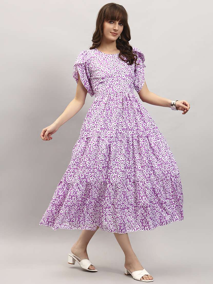 women floral print tulip sleeve tiered dress