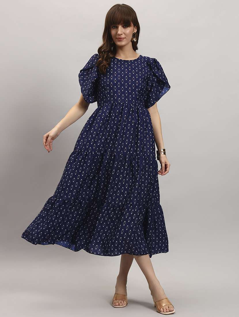 women printed tulip sleeve tiered dress