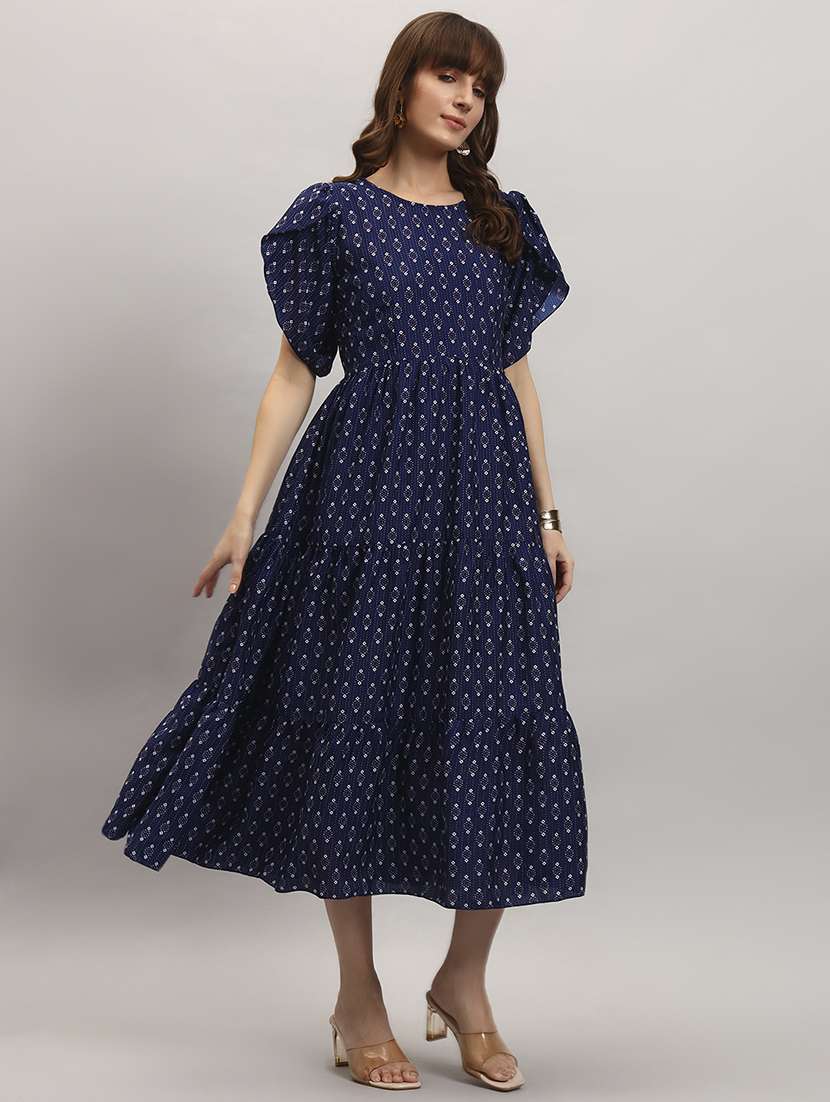 women printed tulip sleeve tiered dress