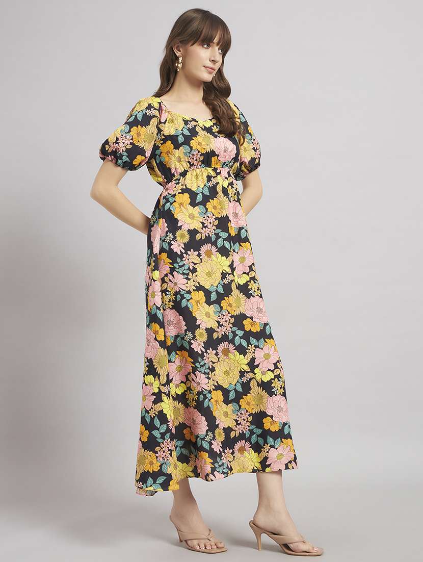 women printed puff sleeve fit & flare dress