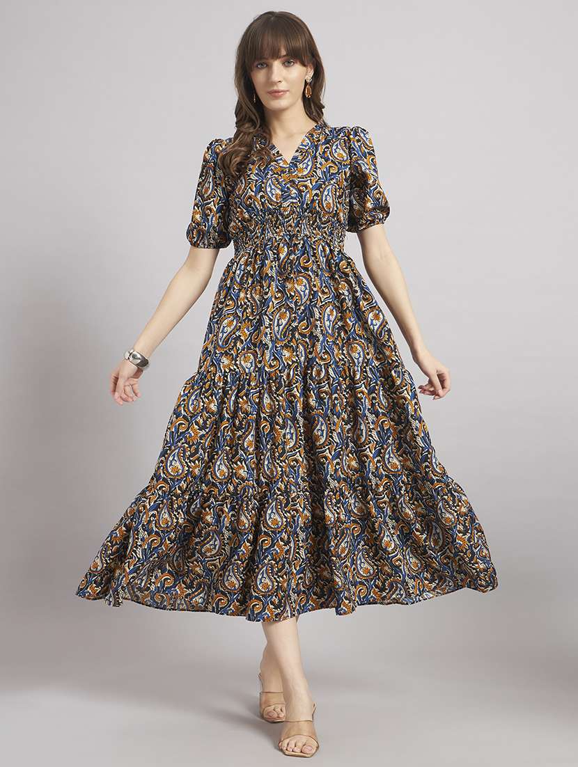 women printed puff sleeve tiered dress