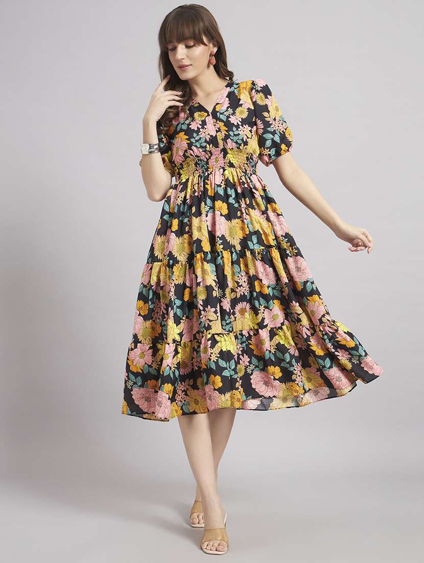 women printed puff sleeve tiered dress