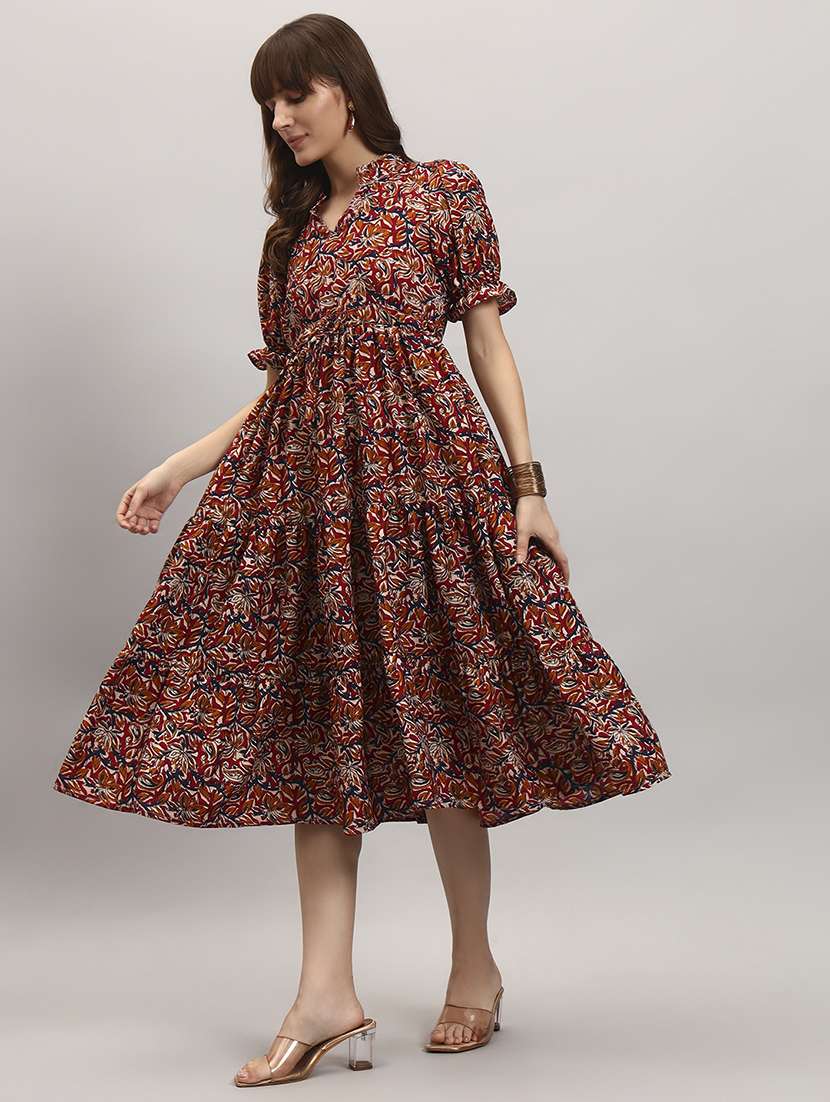 women printed puff sleeve tiered dress
