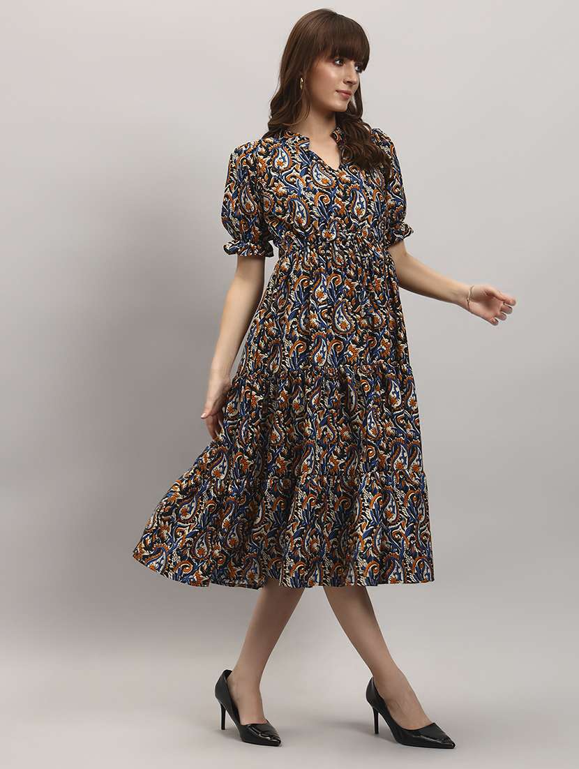 women printed puff sleeve tiered dress