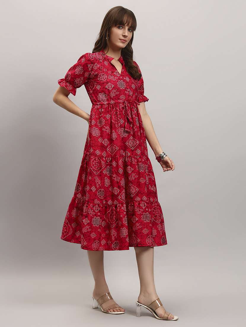 women bandhani print puff sleeve tiered dress