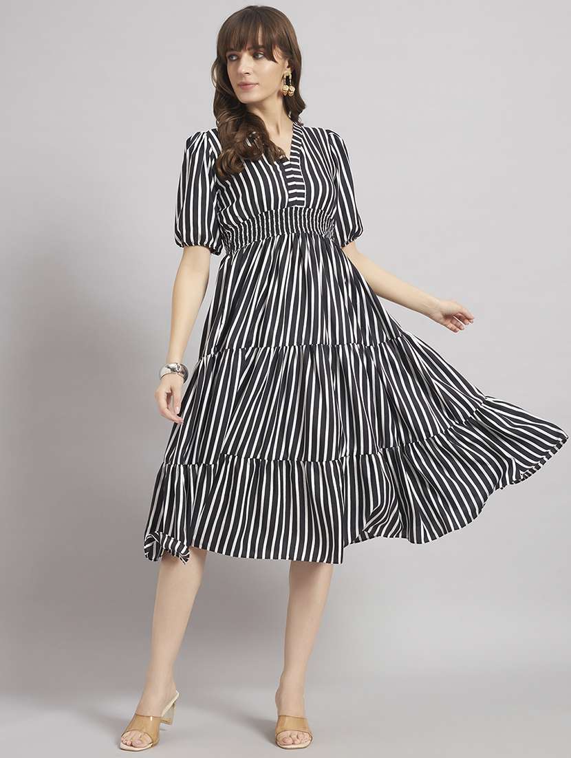 women striped v-neck tiered dress