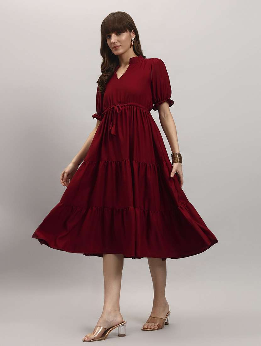 women solid puff sleeve tiered dress