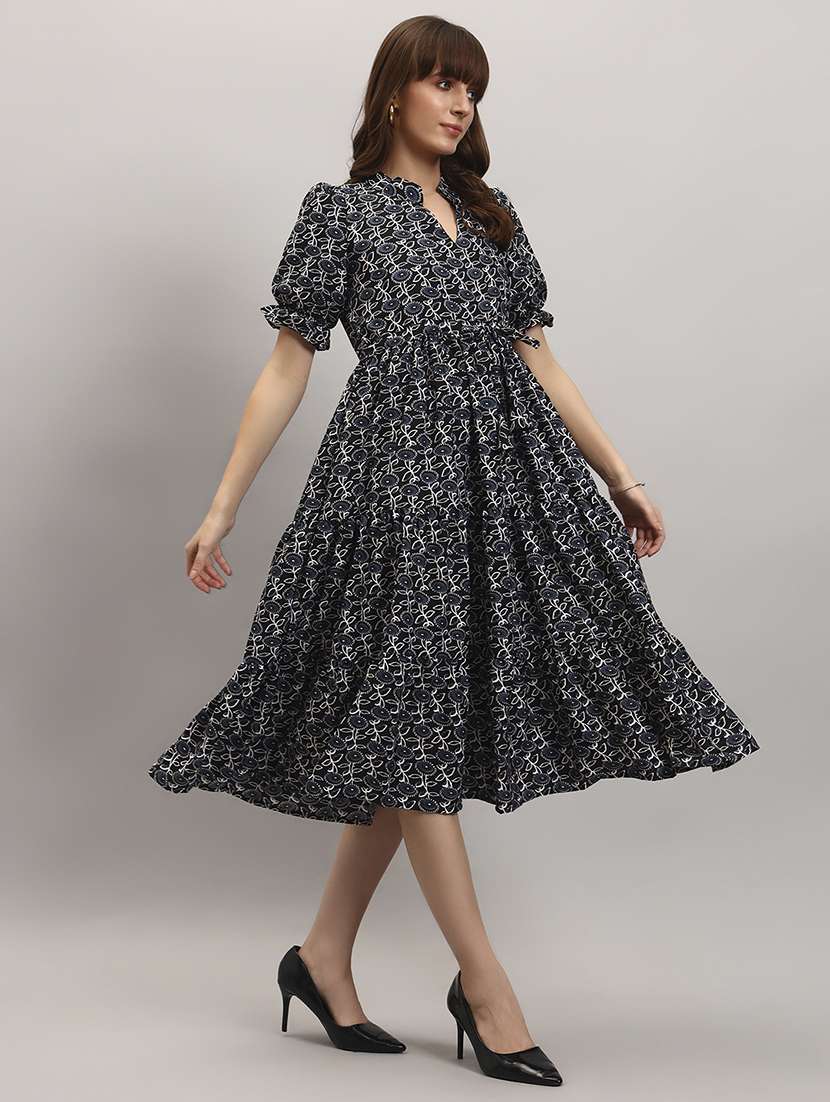 women floral puff sleeve tiered dress