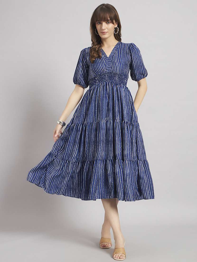 women striped puff sleeve tiered dress