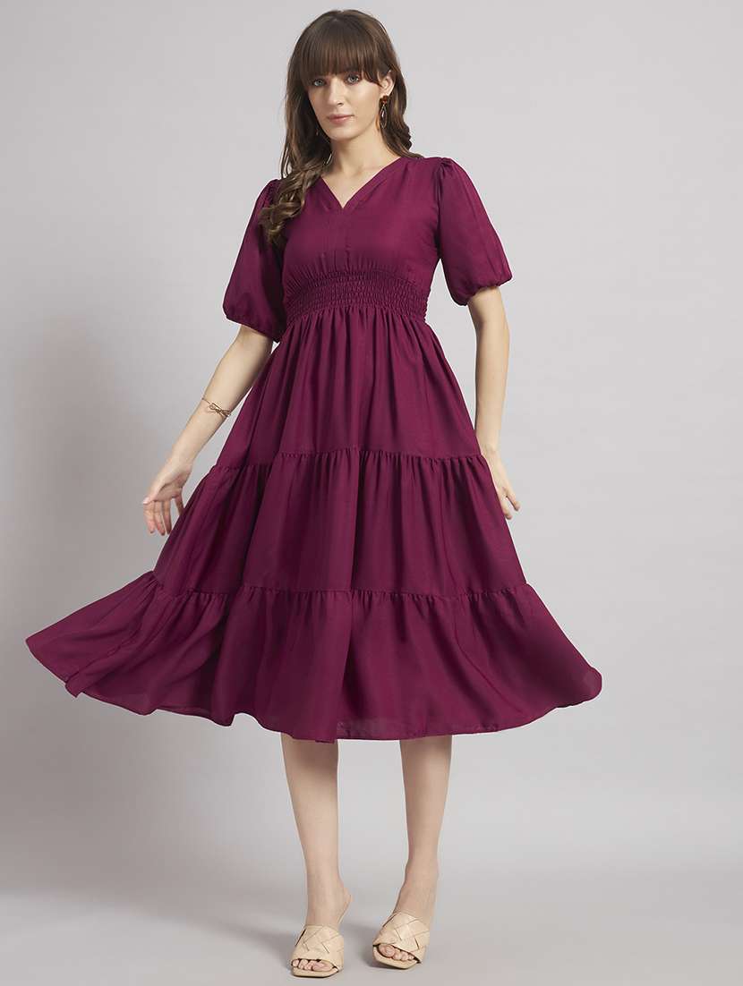 women solid puff sleeves tiered dress