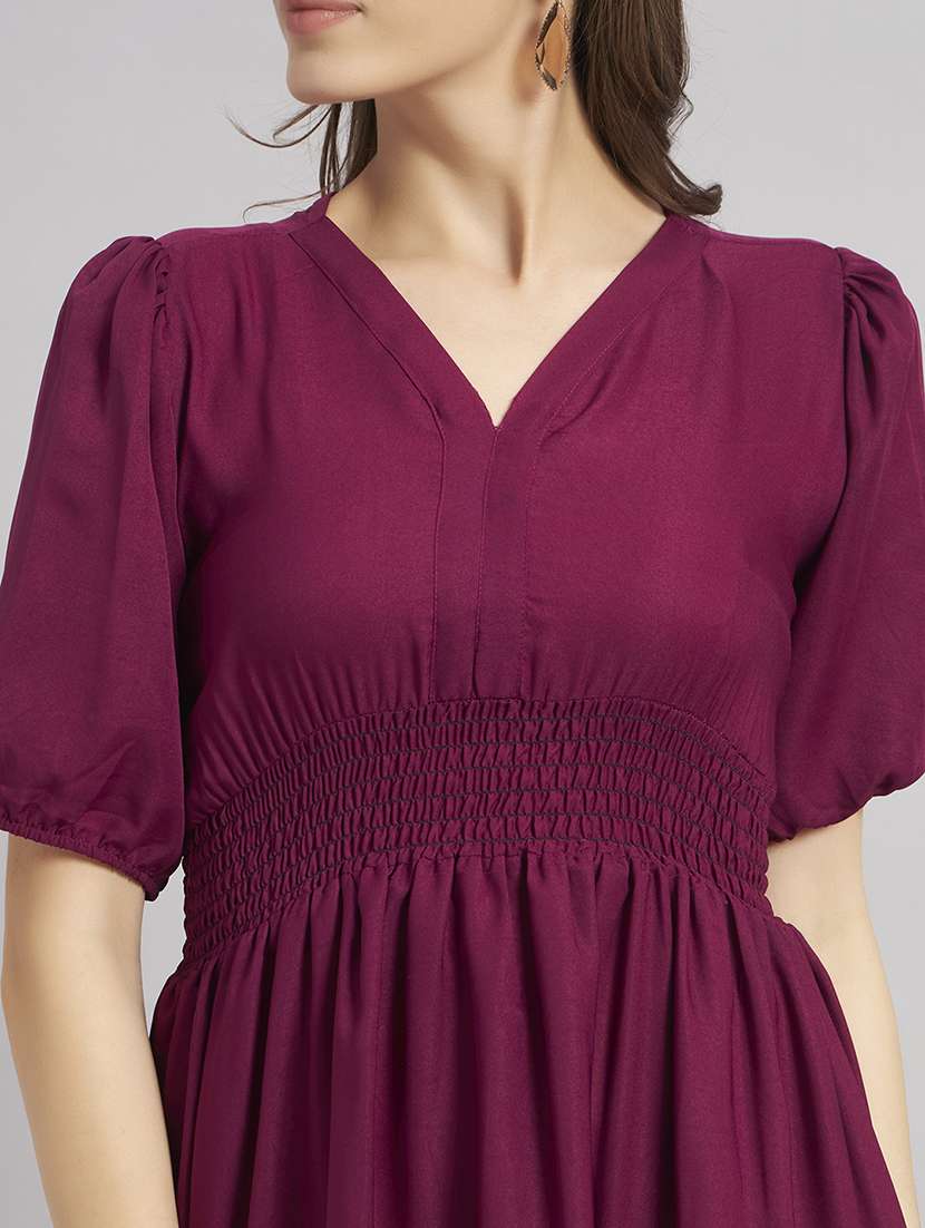 women solid puff sleeves tiered dress - 22309764 -  Standard Image - 3