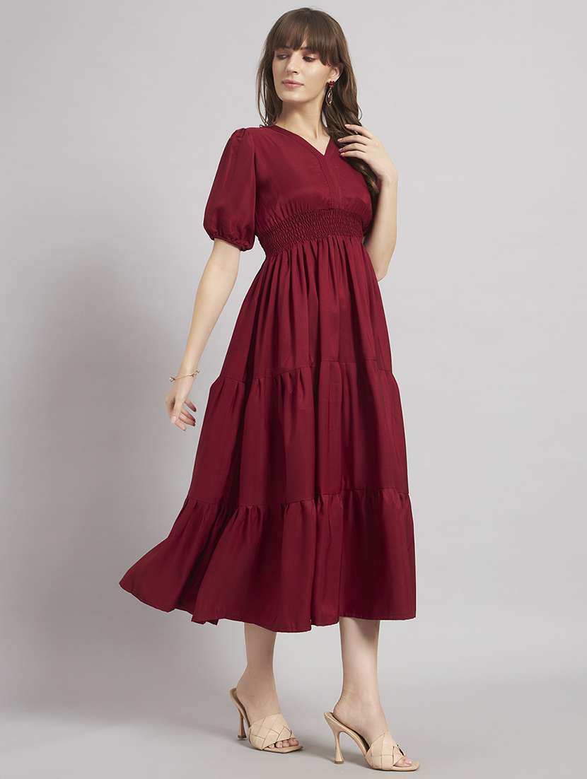 women solid puff sleeve tiered dress