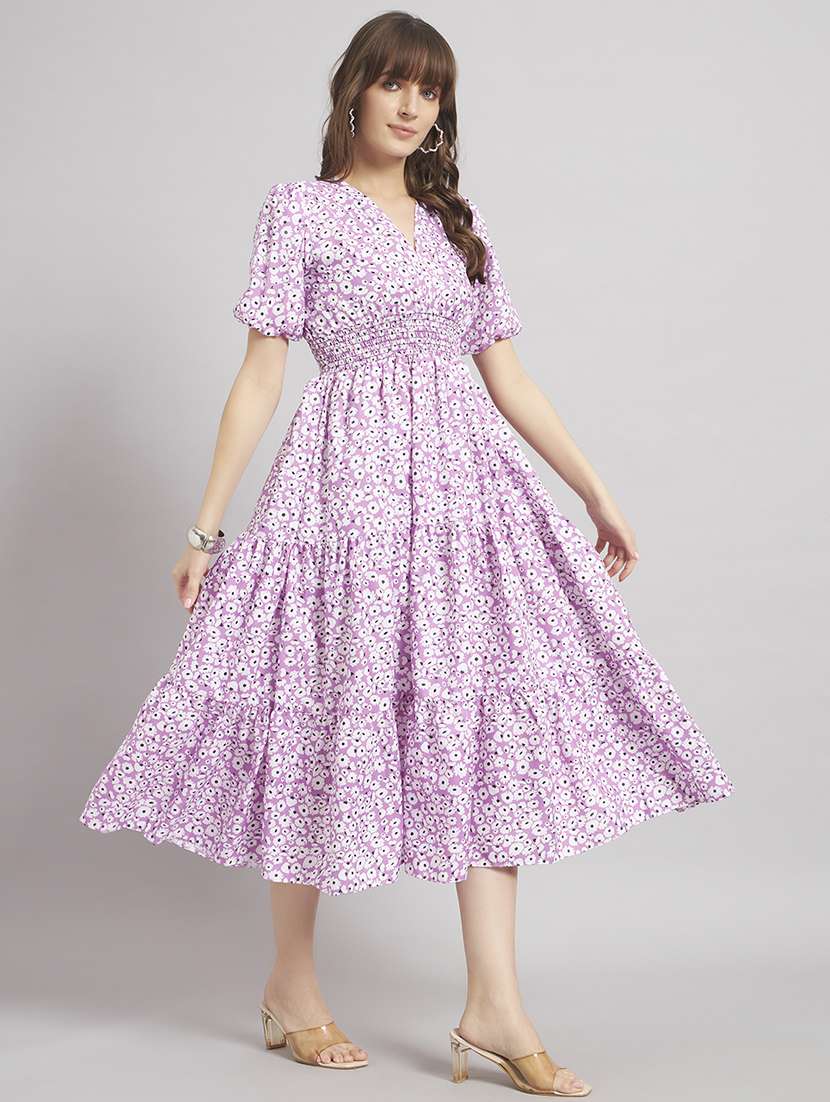 women floral puff sleeve tiered dress