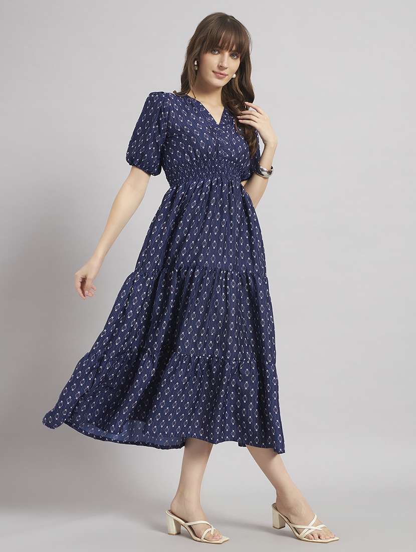 women printed puff sleeve tiered dress