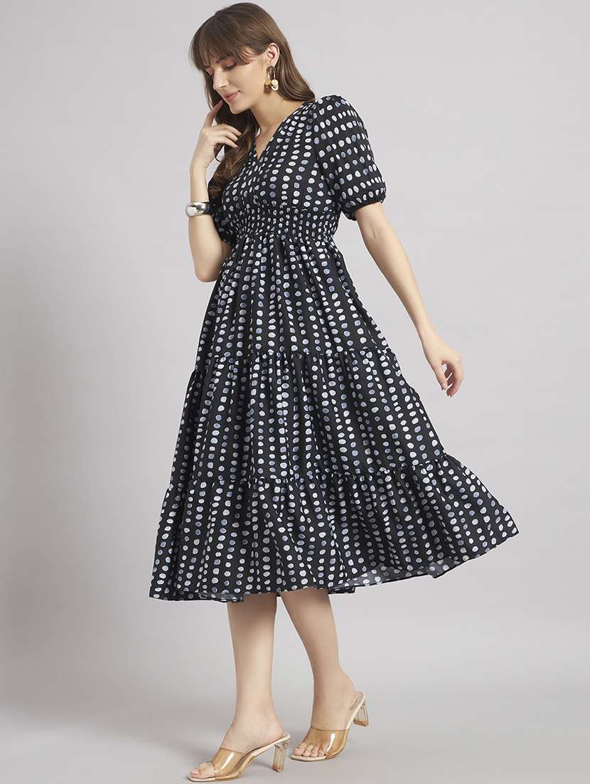 women printed puff sleeve tiered dress