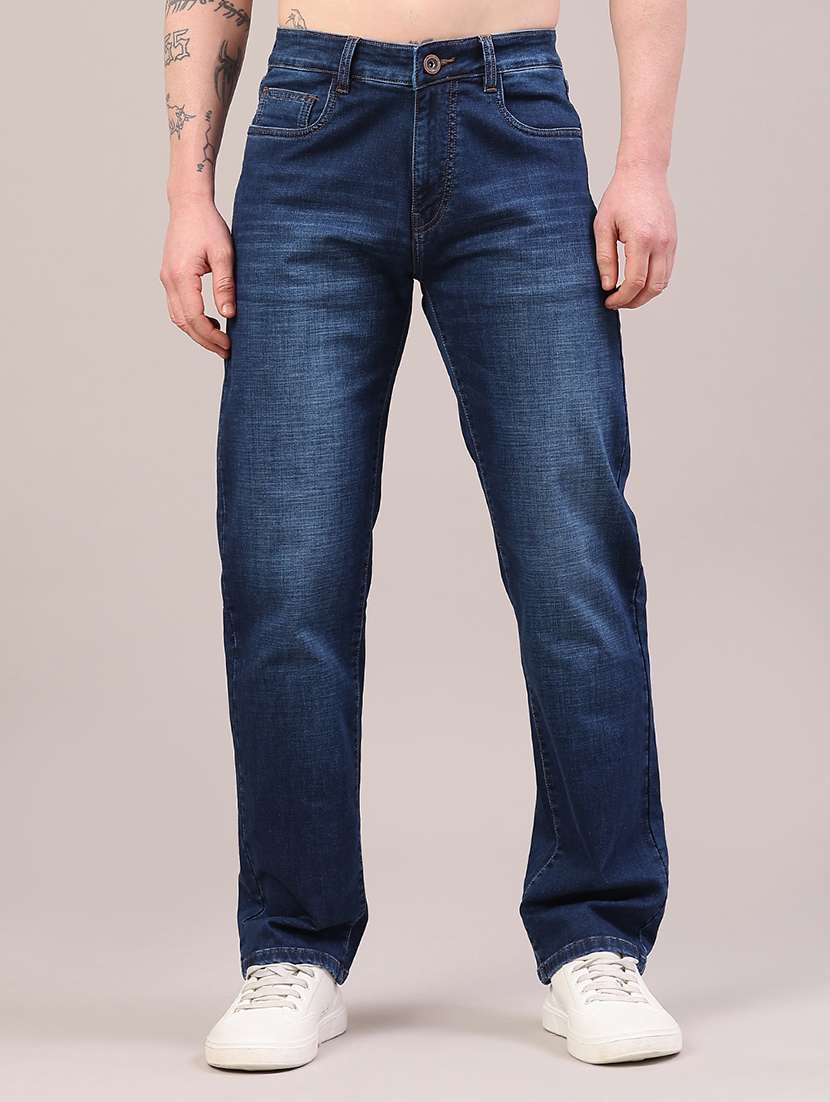men washed mid rise full length straight jeans