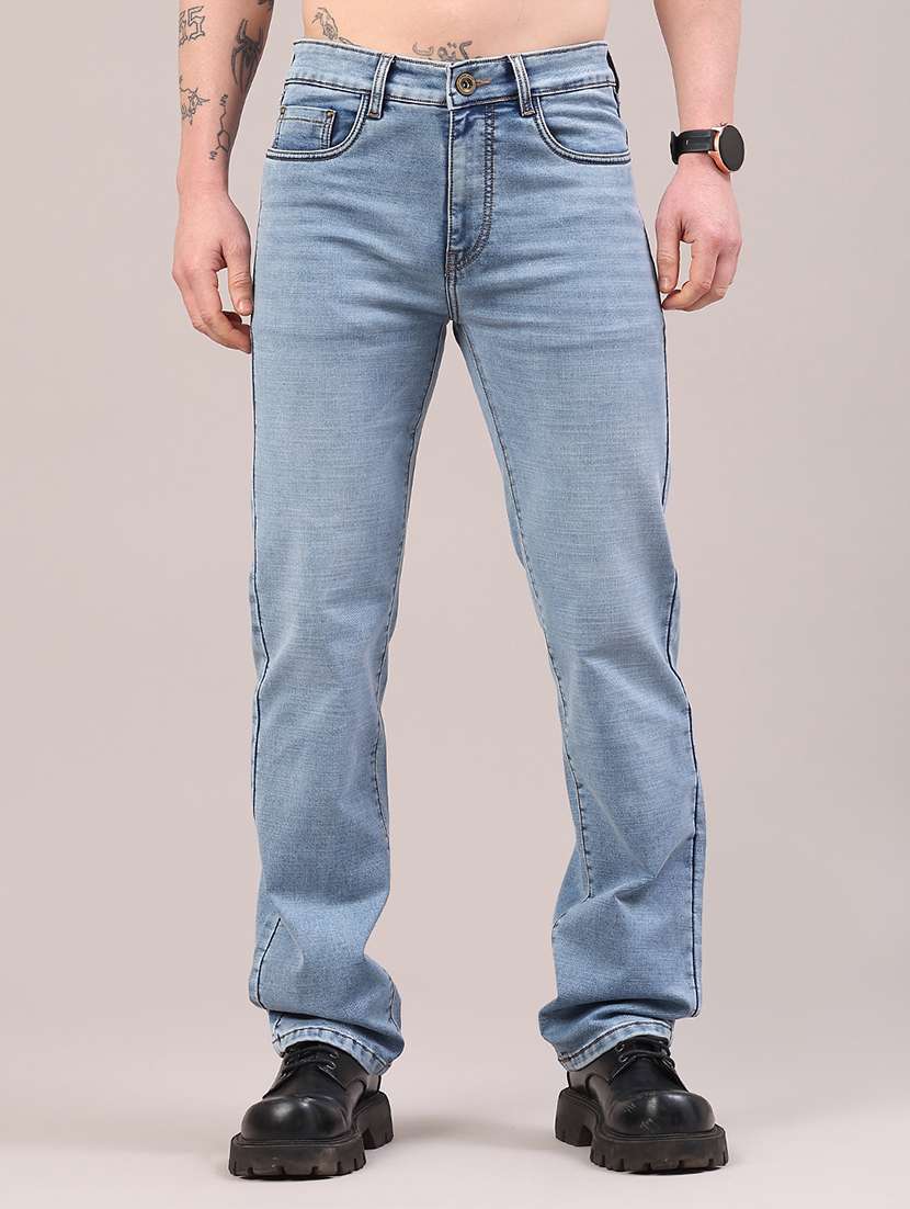 men washed mid rise full length straight jeans