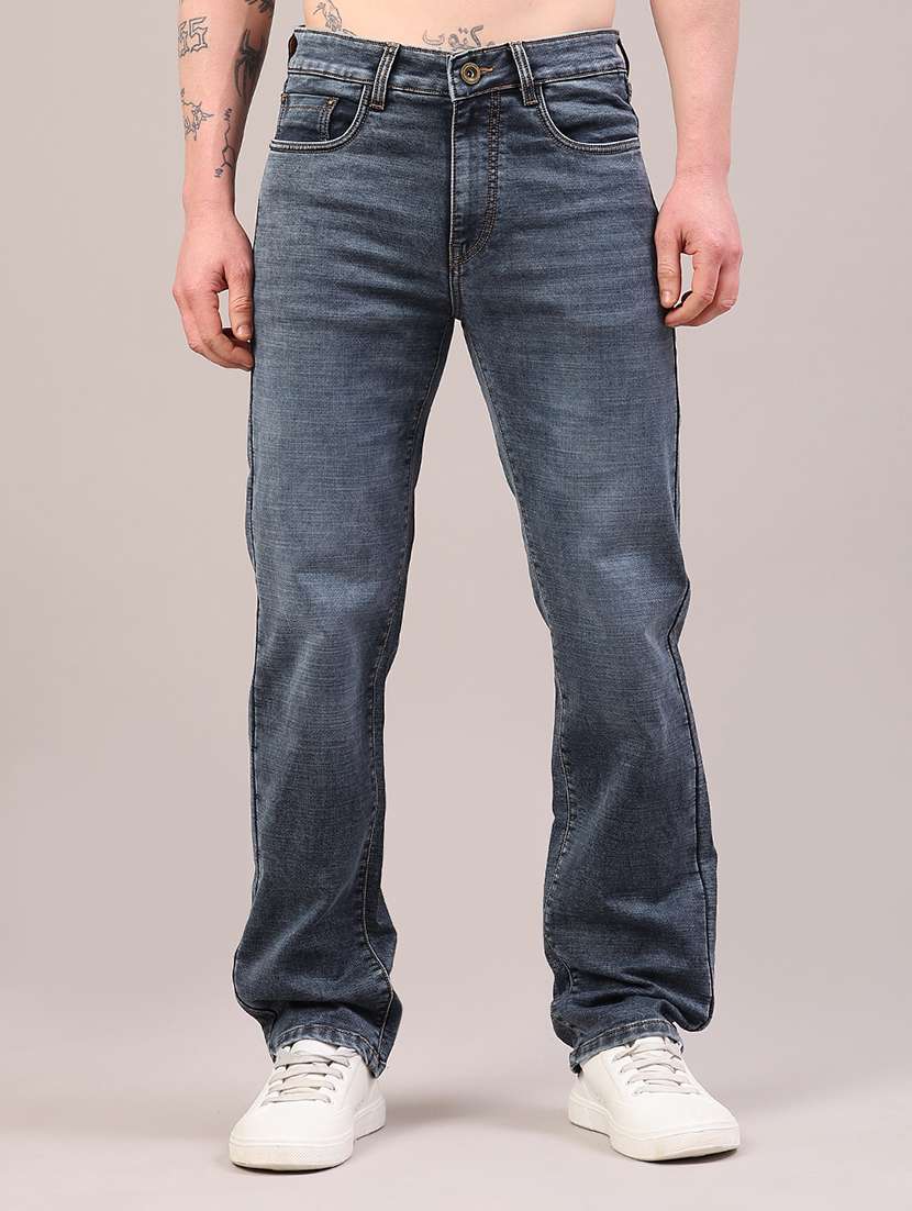 men washed mid rise full length straight jeans