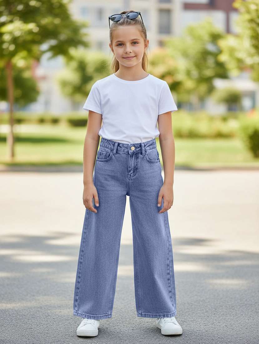 girls solid mid rise wide leg jean