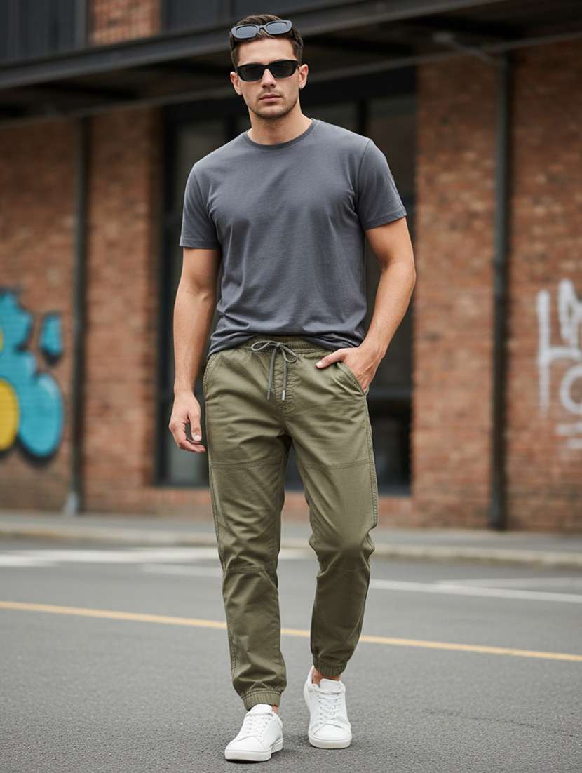 olive poly cotton plain jogger