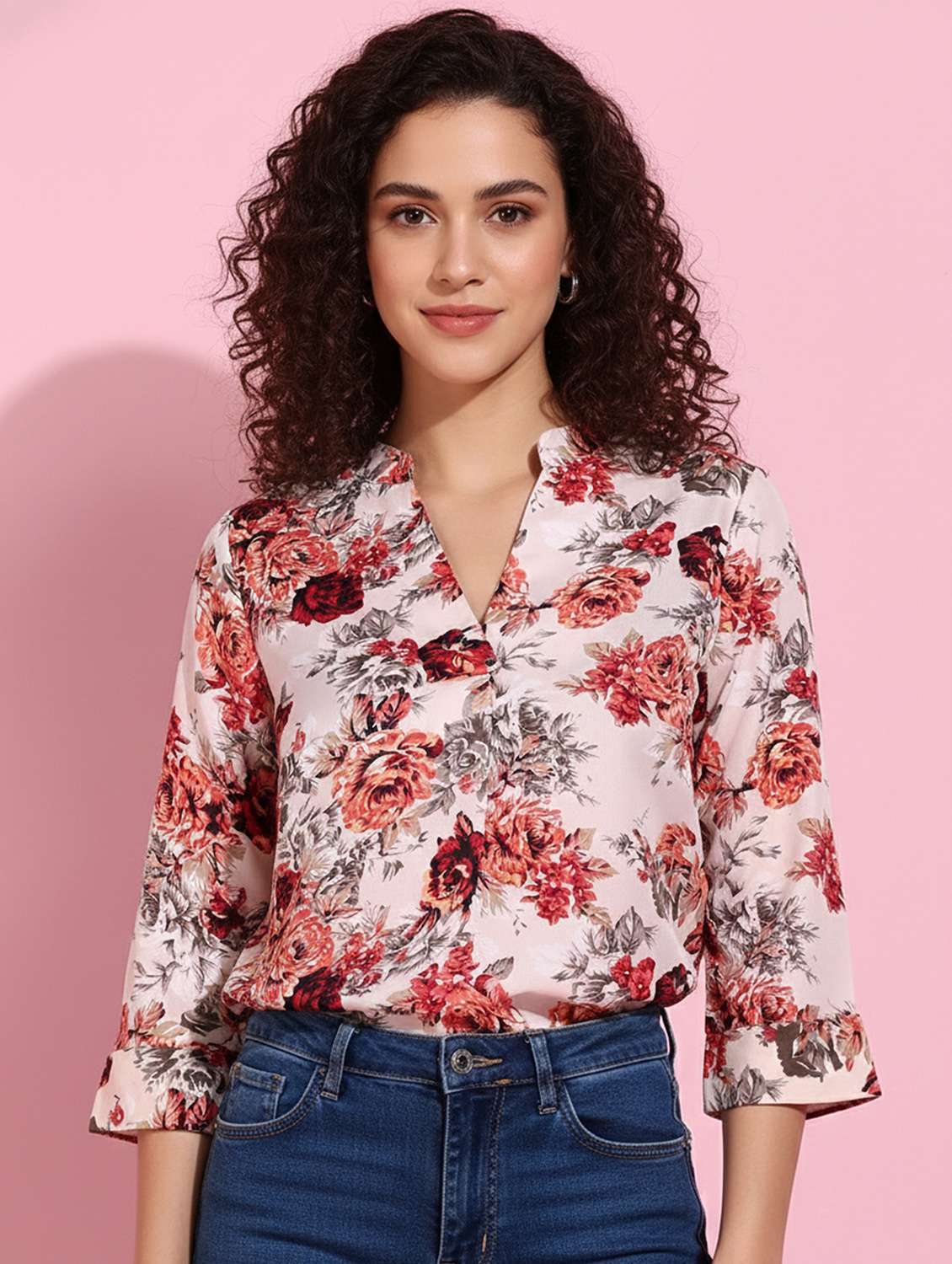 women floral three quarter sleeve top