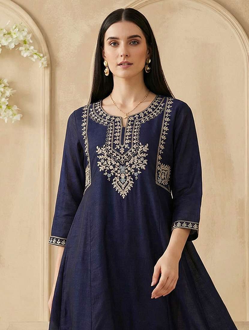 women solid with work three quarter sleeve a-line kurta - 22310499 -  Standard Image - 3