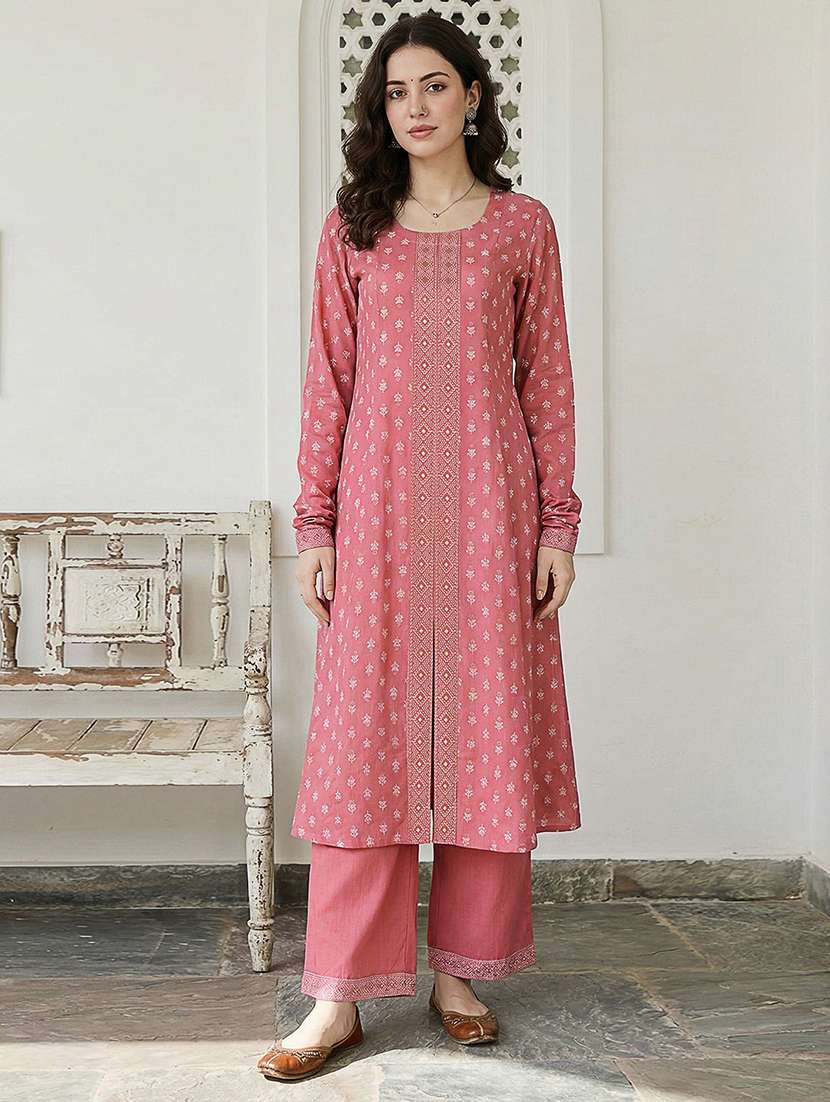 women printed long sleeve kurta pant set