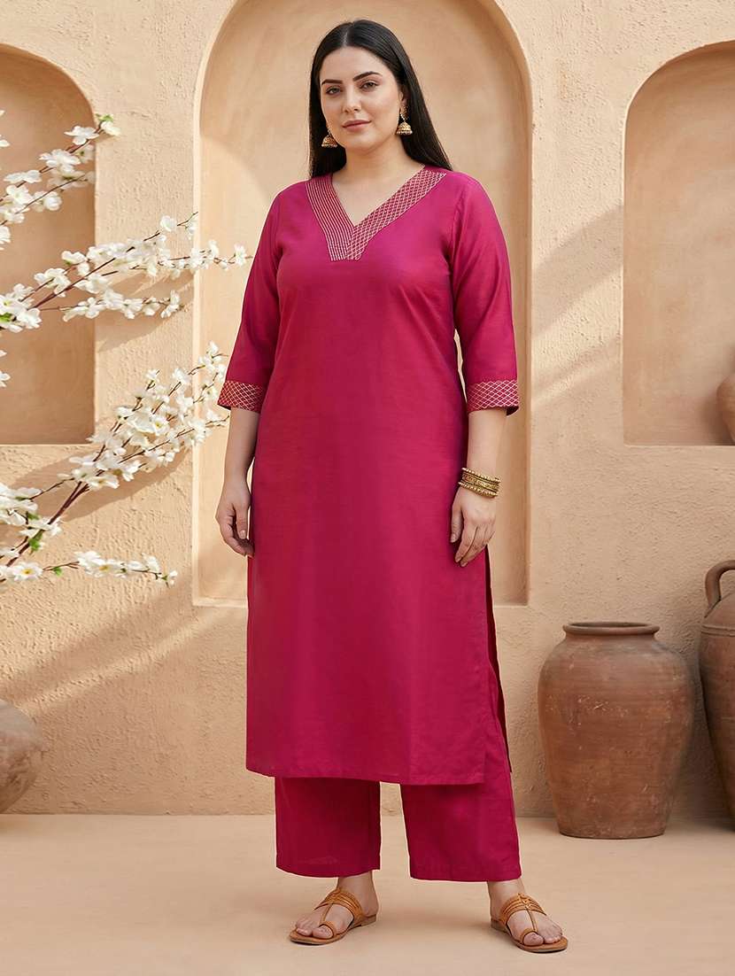 women solid three quarter sleeve kurta palazzo set