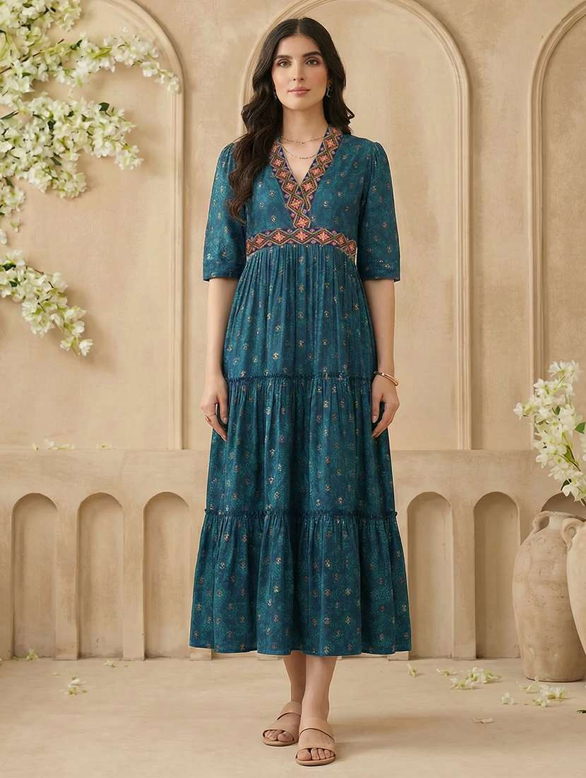 women floral three quarter sleeve ethnic dress