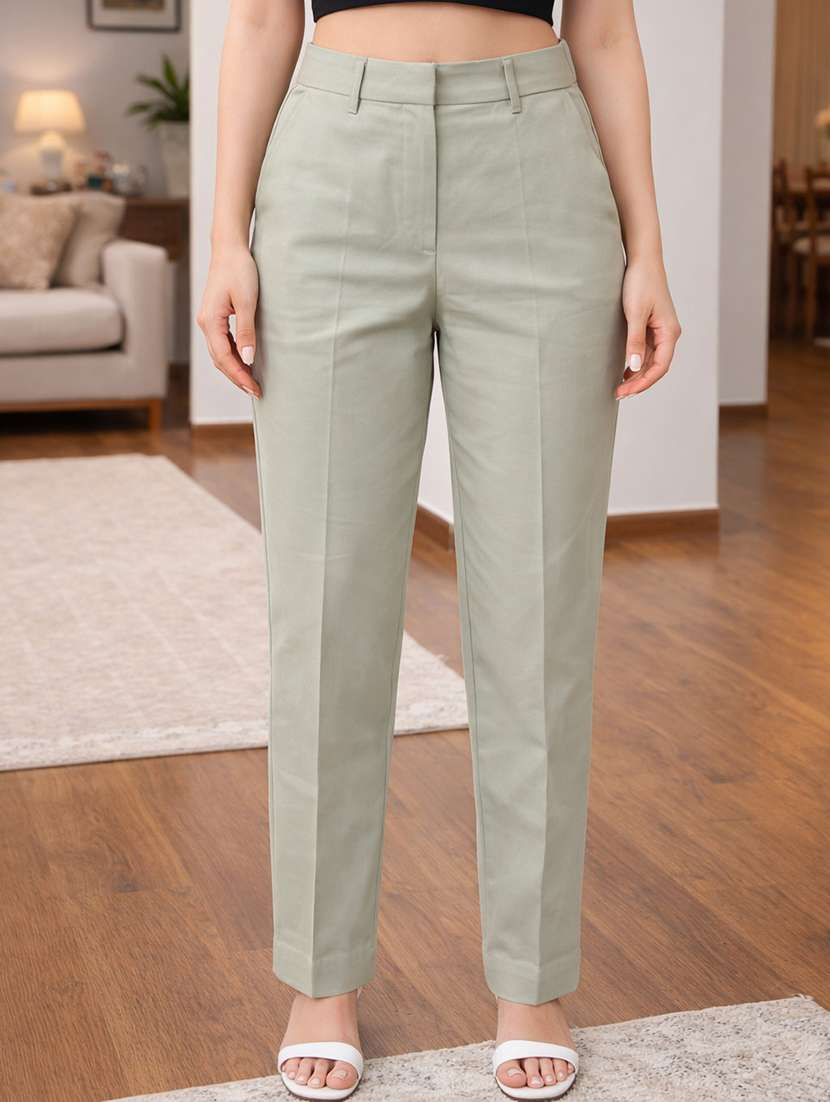 women solid high rise straight trouser